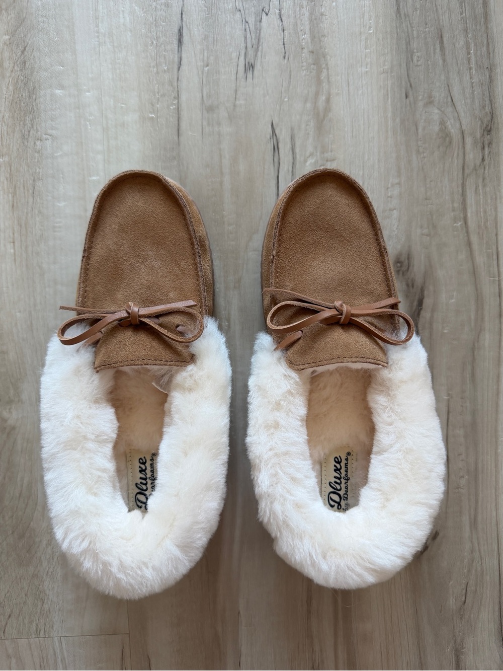 Luxe Tan Moccasin Slippers with Cream Faux-Shearling Trim